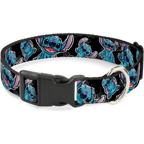 Buckle-Down Stitch Poses/Hibiscus Sketch Black/Gray/Blue Plastic Clip Collar, Large/15-26"