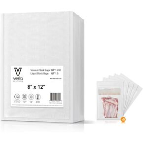8" x 12" Vacuum Sealer Bags, 200 Pack with 5 Liquid Block Bags, Perfect for Food Storage, Sous Vide, and Meal Preparation, Lock Fresh and Nutrients