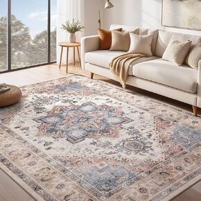 Washable Rug 9x12 Area Rugs: Boho Vintage Distressed Oriental Medallion Neutral Thin Large Rug Carpet for Living Room Bedroom Dining Room Home Office Decor - Brick Red