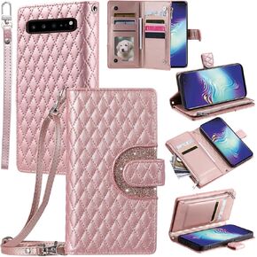 Phone Case for Samsung Galaxy S10 5G Wallet Cover with and Crossbody Wrist Strap Shoulder Strap 9+ Card Slots Zipper Purse Luxury PU Leather Stand Accessories S105G S 10 G5 Women Men Black