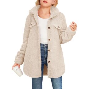 Haloumoning Girls Fuzzy Fleece Jacket Casual Button Down Sherpa Overcoat Faux Fur Jackets Outwear 4-15 Years