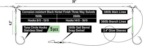 8/0 9/0 10/0 11/0 12/0 13/0 14/0 15/0 16/0 Deep Drop Rig Fishing Bait Rig Snapper Rig Tilefish Rig Grouper Rig Halibut Rig 5 Circle Hooks with Glow Sleeve in Kuwait