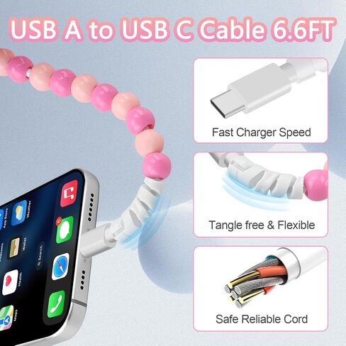 Coolden USB to USB C Cable 66W USB C Charger Cable [2M/6.6FT] Type C Charger Fast Charging Stylish & Durable Beaded Charger Cord Compatible with iPhone 16/16 Plus/16 Pro/16 Pro Max Pink in Saudi Arabia