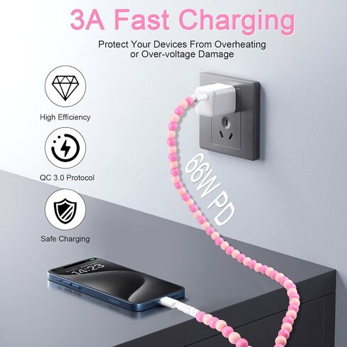 Coolden USB to USB C Cable 66W USB C Charger Cable [2M/6.6FT] Type C Charger Fast Charging Stylish & Durable Beaded Charger Cord Compatible with iPhone 16/16 Plus/16 Pro/16 Pro Max Pink in Saudi Arabia