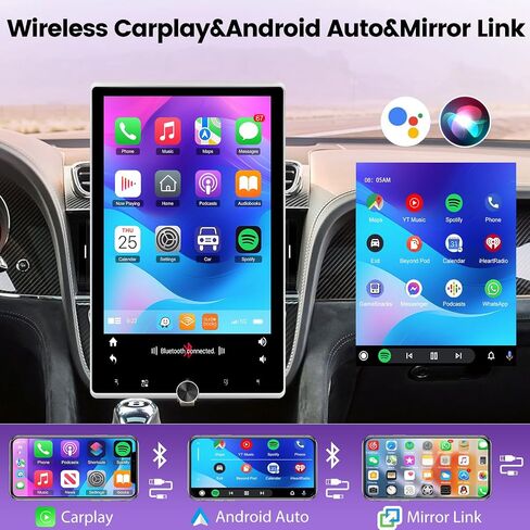 2+64G Android 13 Single Din 10.4 Inch Vertical Rotate Touch Screen Car Radio with Bluetooth, Wireless CarPlay & Android Auto, WiFi, GPS, Mirror Link, Voice Control, 50 UI, SWC + AHD Backup Camera in Saudi Arabia