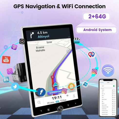 2+64G Android 13 Single Din 10.4 Inch Vertical Rotate Touch Screen Car Radio with Bluetooth, Wireless CarPlay & Android Auto, WiFi, GPS, Mirror Link, Voice Control, 50 UI, SWC + AHD Backup Camera in Saudi Arabia