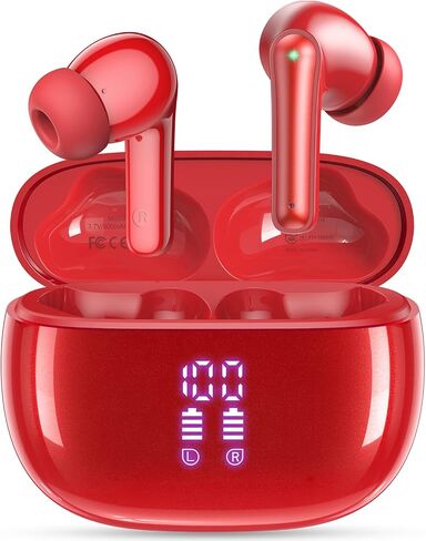 Ear Buds Wireless Earbuds - Bluetooth Headphones 40H Playtime LED Display Deep Bass Stereo in-Ear Earphones with IPX7 Waterproof for iPhone Android Phone Tablet Laptop, Red in Saudi Arabia