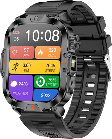 ساعة ذكية Tinwoo للرجال، شاشة HD 2.01 بوصة، مصباح يدوي LED فائق السطوع، ساعة ذكية متينة مقاومة للماء IP68، أكثر من 100 وضع رياضي، مكالمات بلوتوث/شاشة HR/SpO2 لنظام Android iOS (أسود) in Saudi Arabia