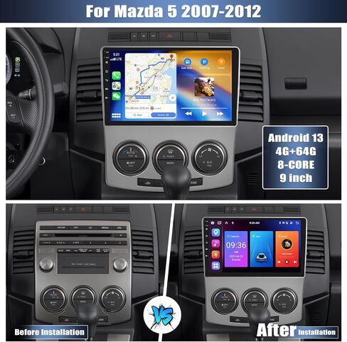 [8 Core 4G+64G] ستيريو سيارة Android 13 لسيارة Mazda 5 2007-2012 مع Apple Carplay Android Auto، شاشة لمس 9 بوصات راديو سيارة Mazda 5 مع WiF/GPS، بلوتوث، راديو FM/RDS، كاميرا احتياطية SWC+AHD in Saudi Arabia
