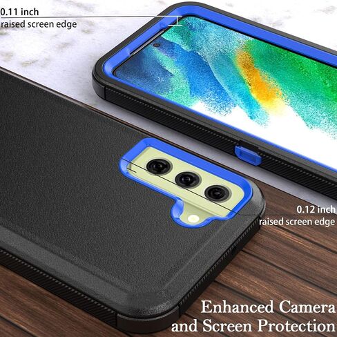 مصمم لهاتف Samsung Galaxy S21 FE 5G مع مشبك حزام ومسند، حماية لكامل الجسم متعدد الطبقات وشديد التحمل لهاتف Samsung Galaxy S21 FE 5G 6.4 بوصة (أسود + أزرق) in Saudi Arabia