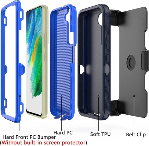 مصمم لهاتف Samsung Galaxy S21 FE 5G مع مشبك حزام ومسند، حماية لكامل الجسم متعدد الطبقات وشديد التحمل لهاتف Samsung Galaxy S21 FE 5G 6.4 بوصة (أسود + أزرق) in Kuwait