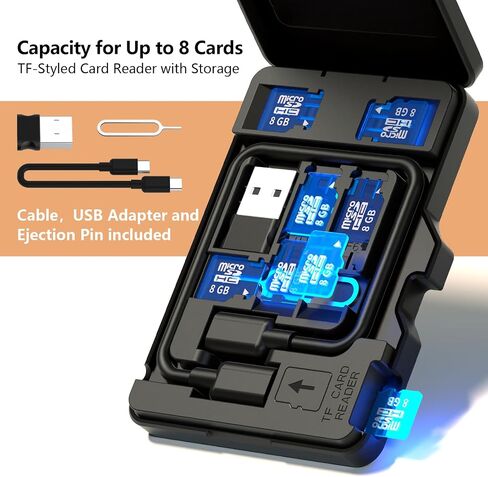 قارئ بطاقة الذاكرة BUDI Micro SD مع 8 فتحات، حافظة تخزين بطاقة الذاكرة على شكل TF تدعم توافق USB من النوع C وUSB مع iPhone 15/14/13/12/11/Pro Max/الأجهزة اللوحية/Android/Mac/الكمبيوتر/الكاميرا in Saudi Arabia