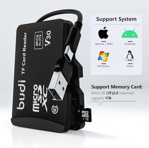 قارئ بطاقة الذاكرة BUDI Micro SD مع 8 فتحات، حافظة تخزين بطاقة الذاكرة على شكل TF تدعم توافق USB من النوع C وUSB مع iPhone 15/14/13/12/11/Pro Max/الأجهزة اللوحية/Android/Mac/الكمبيوتر/الكاميرا in Saudi Arabia