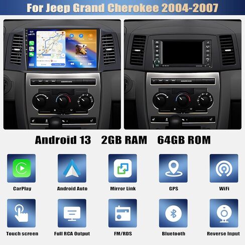 [2+64G] ستيريو سيارة Android 13 لسيارة Jeep Grand Cherokee 2004-2007 مع Apple Carplay اللاسلكي وAndroid Auto، راديو سيارة بشاشة لمس 10.1 بوصة مع وصلة مرآة بلوتوث FM/RDS WiFi GPS SWC+ كاميرا احتياطية in Saudi Arabia