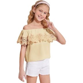 WDIRARA Girl's Off The Shoulder Ruffle Trim Lace Short Sleeve Blouse Top