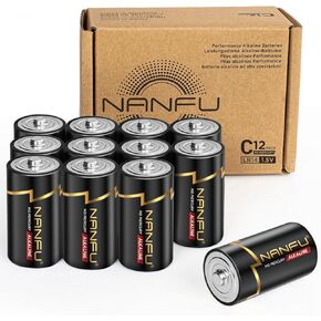 NANFU Alkaline C Cell Batteries, Long Lasting Performance 12 Pack Alkaline Batteries, 10-Year Shelf Life, Leak-Resistant 1.5V Non-Rechargeable Batteries for Household & Business (12 Battery Count)