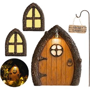Opening Fairy Door and Window for Trees with Light – Glow in The Dark Yard Art Sculpture Decoration for Kids Room, Wall and Trees Outdoor | Miniature Fairy Garden Outdoor Decor Accessories