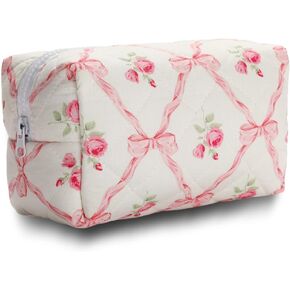 Quilted Makeup Bag, Floral Cosmetic Bag Cute Handmade Aesthetic Pink Toiletry Bag Flower Coquette Accessories Cotton Pouch for Women
