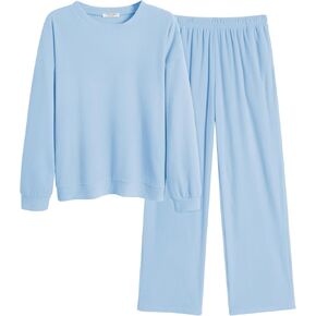 Ekouaer Pajamas for Women 2 Piece Lounge Set Long Sleeve Sleepwear Comfy Fuzzy Pjs Crew Neck Nightwear with Poeckts S-XXL