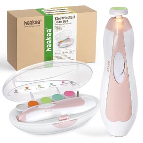 haakaa Baby Nail Trimmer Electric Safe Baby Nail Clippers Baby Nail File Kit Manicure Set, Trim Polish Grooming kit for Newborn Toddler or Adults Toes Fingernails, 6 Grinding Heads and LED Light, Pink