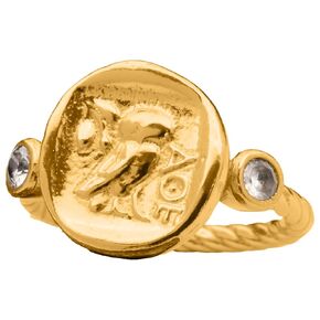 Athen's Owl Signet Ring 24K Gold Vermeil 925 Sterling Silver Rope Twist Ring Greek Ancient Coin Silver Ring Handemade Women Pinky Ring Diomand Cut Cubic 3mm Zirconia Ring (Red, 7)