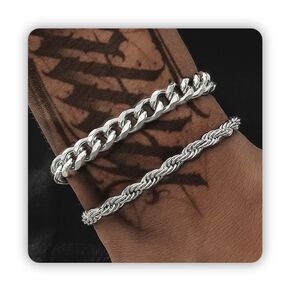 Stackable Silver Men's Bracelet, 7.9" to 9" Cuff Bangle Snake Jewelry Adjustable Silver Bangle Bracelets for man, Stainless Steel Chain Link Bracelets from Pealicious