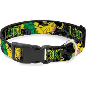 Dog Collar Plastic Clip Loki In Action Black Gray Yellow Green 16 to 23 Inches 1.5 Inch Wide