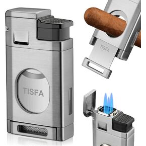 TISFA Cigar Lighter, Butane Lighter with Cigar Cutter, Triple Jet Flame Torch Lighter Cuts Up to 60 Ring Gauge Cigars, Refillable Butane Windproof Lighters (Matte Black)