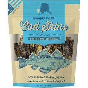 Cod Skins Alaskan Cod Fish Training Treats for Dogs-Dehydrated Fish, All Natural Human Grade Skins - Low Fat Treat Sustainably Sourced in USA (6.6 Oz)