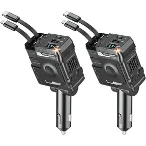 XAOSUN Retractable Car Charger 2 Pack, 4 in 1 Fast Charging 66W Car Phone Charger, USB C Car Charger with 2 Retractable Cables and 2 Charging Ports, Compatible for iPhone 15 14 13 12 Pro Max, Samsung