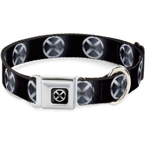 Marvel Comics Pet Collar, Dog Collar Metal Seatbelt Buckle, X Men X Icon Black Silvers, 15 to 24 Inches 1.0 Inch Wide
