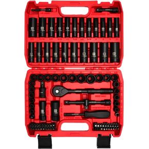 LLNDEI 3/8"Drive Impact Socket Set,Standard SAE(5/16 to 3/4-Inch) Metric Size(8-22mm), 95 Piece, CR-V Steel Deep&Shallow Kit, Adapters, Ratchet Handle, Screwdriver Bit Set, Spark Plug Socket, 6 Point in Saudi Arabia