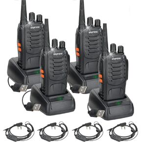 Baofeng Walkie Talkies 4 Pack Long Range for Adults with Earpieces Copy Frequency Baofeng Walkie Talkie Rechargeable Handheld Two Way Radio with Flashlight Li-ion Battery and Charger Walky Talky