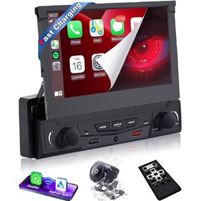 【SOOEMAKA】Single Din Flip Out Touchscreen Car Stereo with Wireless Carplay&Android Auto ,7 inch QLED Motorized Flip up Screen Upgrade Fast Charging/2.4G+5G Dual wifi/AM/FM/DSP/AHD Camera/Bluetooth/SWC