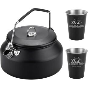3PCS Camping Kettle Outdoor Campfire Camp Kettle Set with 2 Cups, 1L Stainless Steel camping tea kettle Coffee Pot, Portable Lightweight Teapot, Ideal for Hiking Picnic Travel, Silver