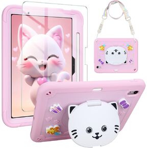 VOFUOE for iPad Air 11 Inch Case Kids Girls with Screen Protector Shoulder Strap Cute Cat Stand Pencil Holder Heavy Duty Hard Shockproof Cover for iPad Air 6th Generation 11 Inch M2 2024-Rose Gold