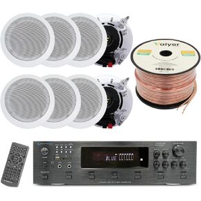 Vaiyer Home Audio System Kit, 6-Channel 6000 Watts Bluetooth Amplifier with 6.5" 10 Qty of 200 W Each Frameless in-Ceiling Speakers & 16 AWG 500 ft Speaker Wire - Perfect for Home, Office, Restaurant