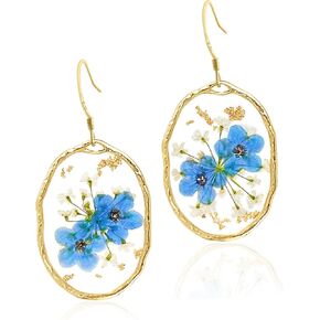 Gold Vermeil Hooks Forget Me Not Dangle Earrings with Gold Flakes Handmade Vintage Jewelry, Flower Earrings for Women, Boho Earings Christmas Gift for Her (Blue Teardrop Gold Vermeil) in Saudi Arabia