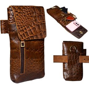 Genuine Full-Grain Buffalo Leather Cell Phone Holsters – 7" H x 3.5" W Leather Cell Phone Holster Large Smartphones – Secure & Durable Phone Belt Holder (Crocodile Print) (Croco Tan)