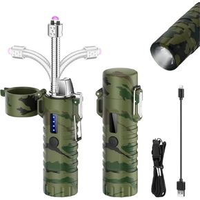 Electric Lighter, Telescopic Flexible Neck Candle Lighter, USB Plasma Arc Lighters Rechargeable, Windproof Flameless Lighters with Flashlight for Camping, Outdoor (Black)