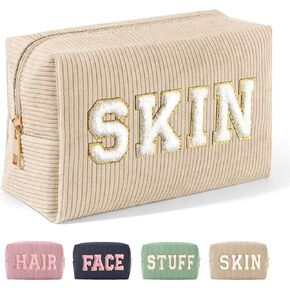 MAGEFY Corduroy Makeup Bag Small Makeup Bag for Purse with Compartments Cute Makeup Pouch Cosmetic Bag for Women Friends Preppy Gifts (Beige, HAIR)