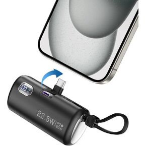 Mini Power Bank with Built-in Foldable USB-C Connector, 5,000mAh Small Portable Charger with Built in Cable, 22.5W Fast Charging Battery Pack for iPhone15/14/13/12/11/Samsung/Huawei/iPad and More.