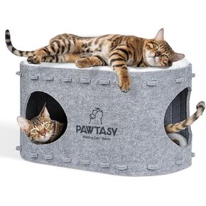 Cat Beds for Indoor Cats Felt Cat Cave with Fluffy Mats Cube Scratch Resistant Cat House Cat Hide for Multiple Cats Grey