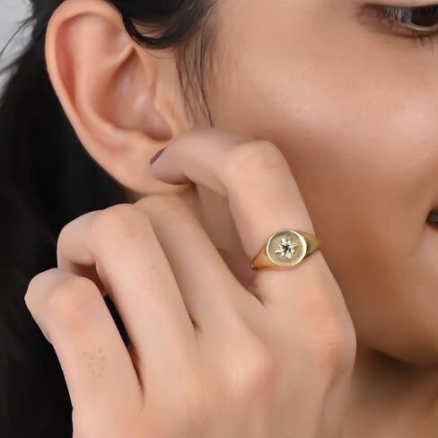 Gempires Cubic Zirconia North Star Signet Rings with 14K Gold Plated, April Birthstone Jewelry, Lightweight Statement Rings for Women, Simple Everyday Jewelry, US Size-8 in Kuwait