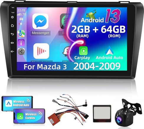 [2+64 جيجابايت] ستيريو راديو السيارة Android 13 لسيارة Mazda 3 2004-2009 - شاشة لمس عالية الدقة 9 بوصة EQ Audio - Carplay اللاسلكي وAndroid Auto، WiFi، GPS، BT، Mirror Link، FM، SWC + كاميرا احتياطية AHD + Canbus + ميكروفون in Saudi Arabia