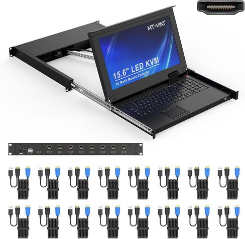 MT-VIKI Rack Mount KVM w/15.6" LCD Monitor, 8 Port VGA KVM Switch, 1080@60Hz 1U Integrated Monitor Keyboard, Fits 18.9" to 31.5" Deep Racks (480-800mm), Included 8 Cables for Server Room, Data Center in Kuwait