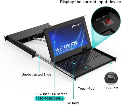 MT-VIKI Rack Mount KVM w/15.6" LCD Monitor, 8 Port VGA KVM Switch, 1080@60Hz 1U Integrated Monitor Keyboard, Fits 18.9" to 31.5" Deep Racks (480-800mm), Included 8 Cables for Server Room, Data Center in Kuwait