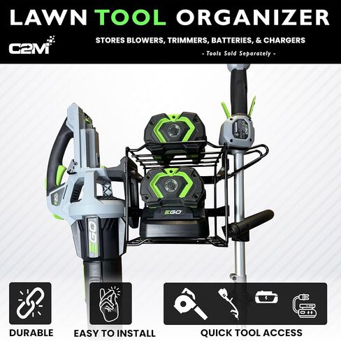 C2M Lawn Power Tool Organizer Wall Mount Rack Hanger for Leaf Blower (now compatible with EGO 530) and String Trimmer Weed Eater ***Patent Pending*** in Saudi Arabia