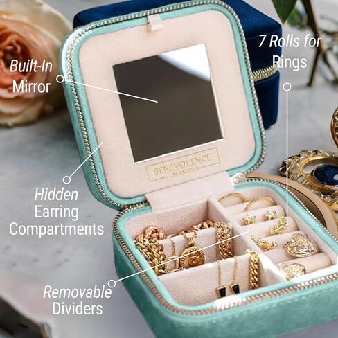 Benevolence LA Plush Velvet Jewelry Box | Travel Jewelry Case Organizer with Mirror | Featured in Oprah's Favorite Things | Best Gifts For Daughter, Girlfriend, Mom | Gifts For Her - Cyan in Kuwait