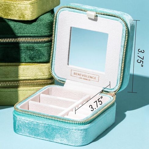 Benevolence LA Plush Velvet Jewelry Box | Travel Jewelry Case Organizer with Mirror | Featured in Oprah's Favorite Things | Best Gifts For Daughter, Girlfriend, Mom | Gifts For Her - Cyan in Kuwait
